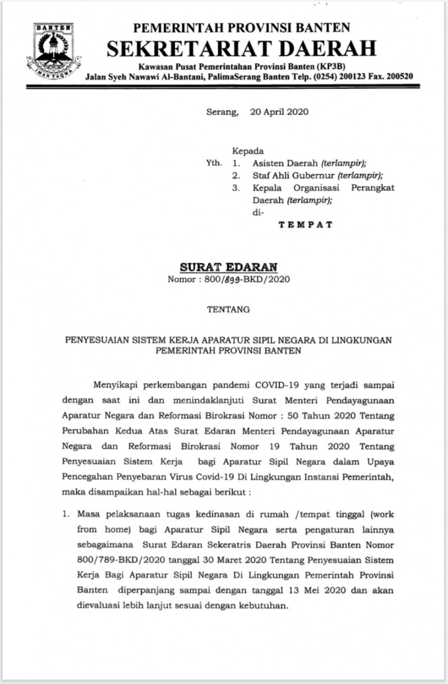 WFH Kembali Diperpanjang, Gubernur: ASN di Wilayah PSBB Agar Ikuti Aturan