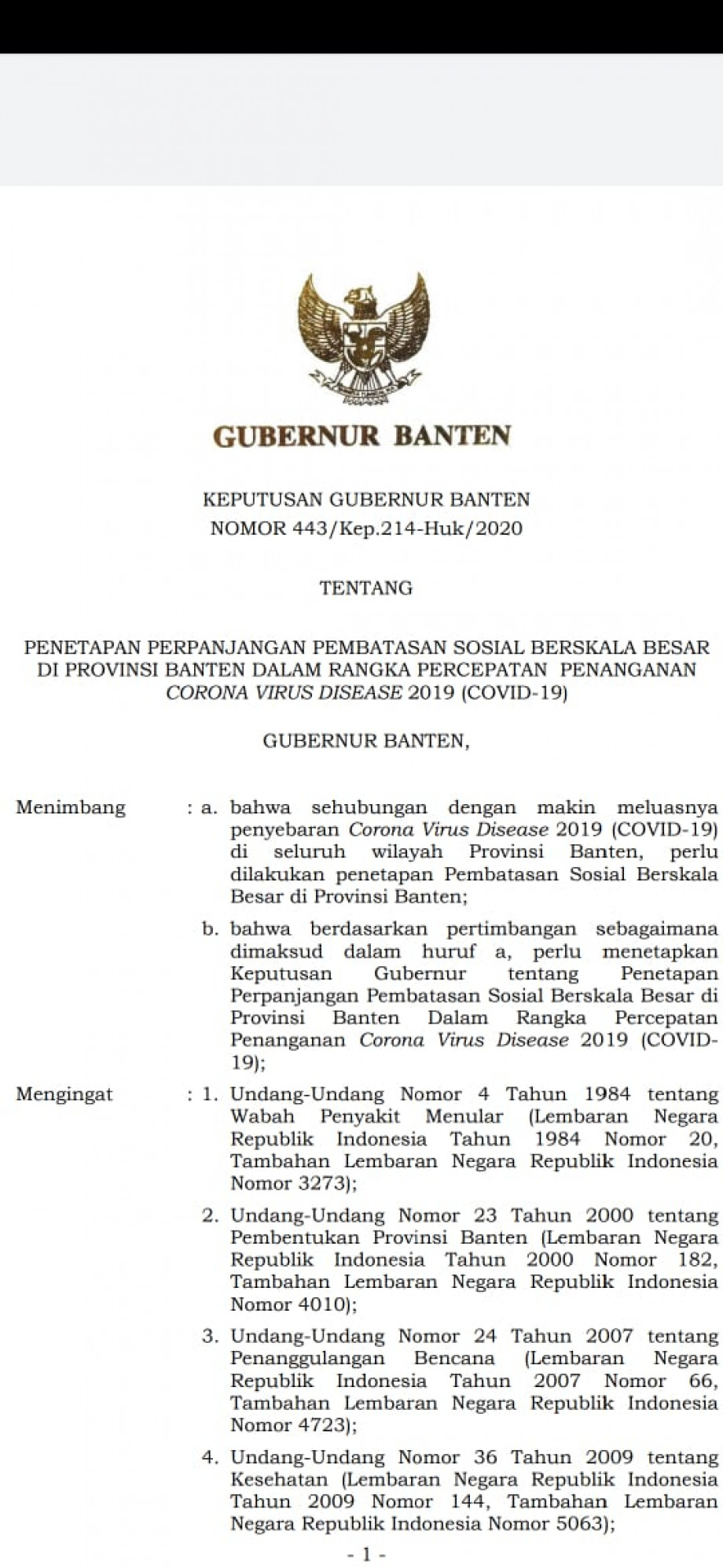 Gubernur Wahidin: Perpanjang PSBB Provinsi Banten Sebulan Penuh