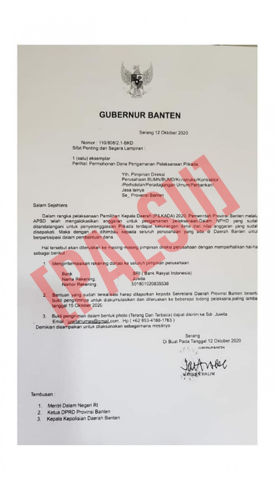 Awas! Beredar Surat Palsu Atas namakan Gubernur Banten