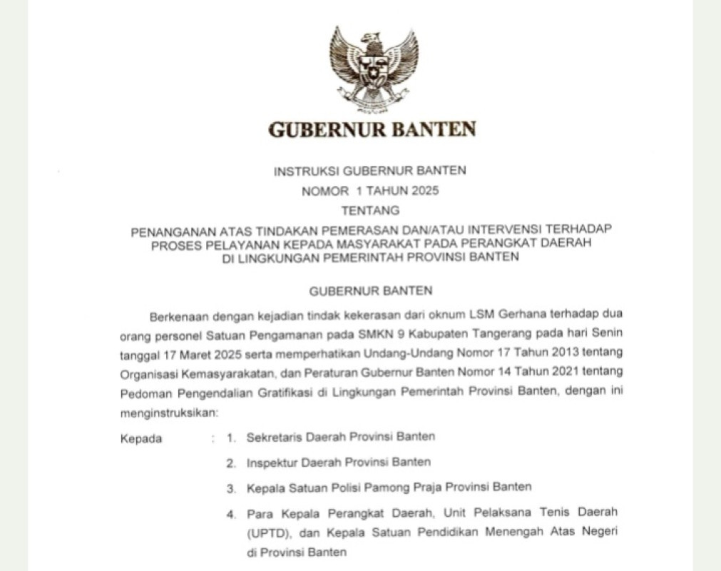 Lawan Pemerasan, Gubernur Banten Andra Soni Instruksikan Penanganan atas Tindakan Pemerasan Pada Perangkat Daerah Jelang Idul Fitri 1446 H